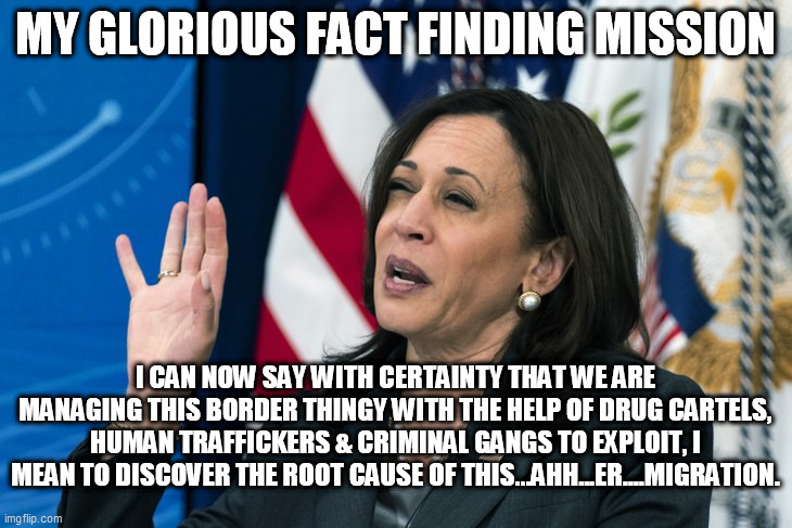 Kamala's Awsome Adventure | MY GLORIOUS FACT FINDING MISSION; I CAN NOW SAY WITH CERTAINTY THAT WE ARE MANAGING THIS BORDER THINGY WITH THE HELP OF DRUG CARTELS, HUMAN TRAFFICKERS & CRIMINAL GANGS TO EXPLOIT, I MEAN TO DISCOVER THE ROOT CAUSE OF THIS...AHH...ER....MIGRATION. | image tagged in kamala harris,border crisis,vice president,drug cartels,human traffickers,kids in cages | made w/ Imgflip meme maker