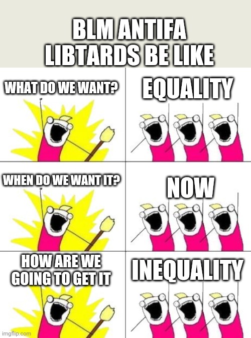 Liberals be like | BLM ANTIFA LIBTARDS BE LIKE; WHAT DO WE WANT? EQUALITY; WHEN DO WE WANT IT? NOW; HOW ARE WE GOING TO GET IT; INEQUALITY | image tagged in memes,what do we want 3 | made w/ Imgflip meme maker