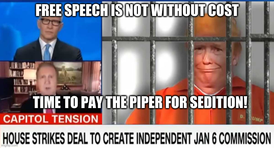 behind bars | FREE SPEECH IS NOT WITHOUT COST; TIME TO PAY THE PIPER FOR SEDITION! | image tagged in behind bars | made w/ Imgflip meme maker