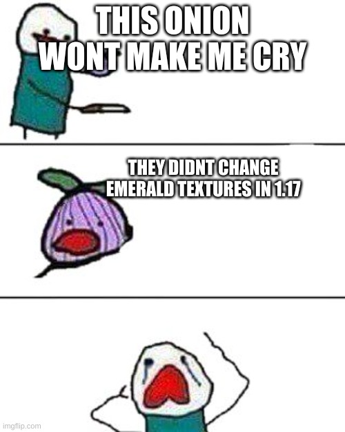 this onion won't make me cry | THIS ONION WONT MAKE ME CRY; THEY DIDNT CHANGE EMERALD TEXTURES IN 1.17 | image tagged in this onion won't make me cry | made w/ Imgflip meme maker
