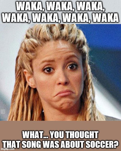 shakira not bad | WAKA, WAKA, WAKA, WAKA, WAKA, WAKA, WAKA WHAT... YOU THOUGHT THAT SONG WAS ABOUT SOCCER? | image tagged in shakira not bad | made w/ Imgflip meme maker
