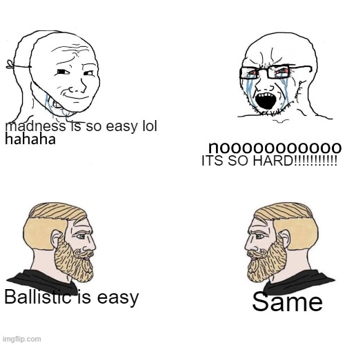 a | madness is so easy lol; ITS SO HARD!!!!!!!!!!! Ballistic is easy; Same | image tagged in soyboys and chads | made w/ Imgflip meme maker