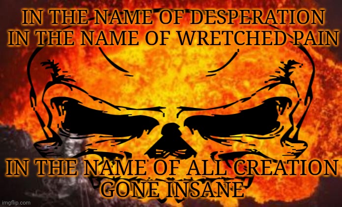 Brain melting metal... | IN THE NAME OF DESPERATION
IN THE NAME OF WRETCHED PAIN; IN THE NAME OF ALL CREATION
GONE INSANE | image tagged in metallica,heavy metal,hardwired to self destruct,death comes unexpectedly | made w/ Imgflip meme maker