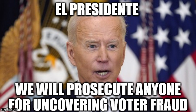 El Presidente | EL PRESIDENTE; WE WILL PROSECUTE ANYONE FOR UNCOVERING VOTER FRAUD | image tagged in joe biden,election audits,election fraud,the big steal,fraudulent election,arizona audit | made w/ Imgflip meme maker
