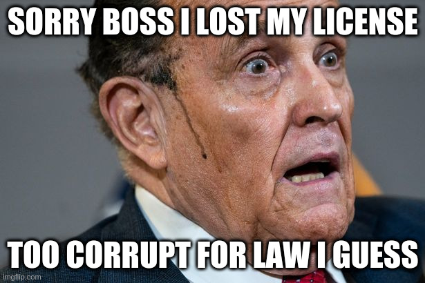 didn't meet their high bar for integrity lol | SORRY BOSS I LOST MY LICENSE; TOO CORRUPT FOR LAW I GUESS | image tagged in rudy giuliani,idiot,lawyers | made w/ Imgflip meme maker