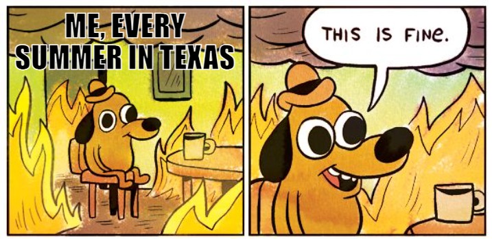 This is Fine | ME, EVERY SUMMER IN TEXAS | image tagged in memes,this is fine,texas,heat,summer | made w/ Imgflip meme maker