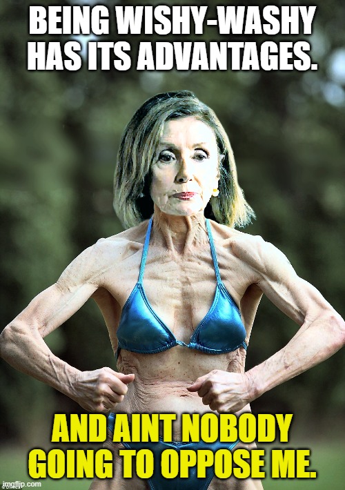 Nancy Pelosi in a Bikini | BEING WISHY-WASHY HAS ITS ADVANTAGES. AND AINT NOBODY GOING TO OPPOSE ME. | image tagged in nancy pelosi in a bikini | made w/ Imgflip meme maker