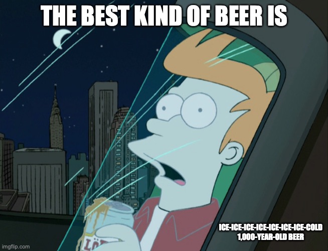 Frozen Fry | THE BEST KIND OF BEER IS; ICE-ICE-ICE-ICE-ICE-ICE-ICE-COLD 1,000-YEAR-OLD BEER | image tagged in futurama,fry,memes | made w/ Imgflip meme maker