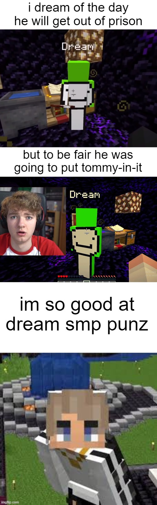 Dream smp meme | i dream of the day he will get out of prison; but to be fair he was going to put tommy-in-it; im so good at dream smp punz | image tagged in dream smp | made w/ Imgflip meme maker