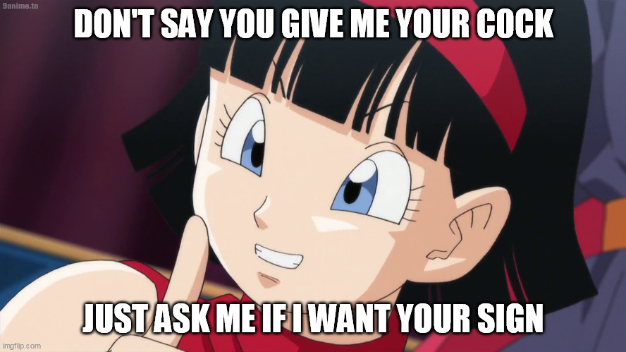 Videl | DON'T SAY YOU GIVE ME YOUR C0CK; JUST ASK ME IF I WANT YOUR SIGN | image tagged in videl | made w/ Imgflip meme maker