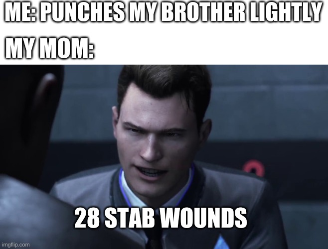28 stab wounds | ME: PUNCHES MY BROTHER LIGHTLY; MY MOM:; 28 STAB WOUNDS | image tagged in 28 stab wounds | made w/ Imgflip meme maker