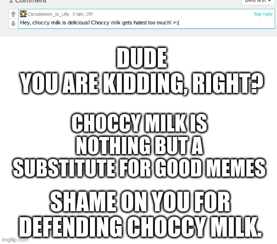 Im going to get so many angry comments about this | DUDE
YOU ARE KIDDING, RIGHT? CHOCCY MILK IS NOTHING BUT A SUBSTITUTE FOR GOOD MEMES; SHAME ON YOU FOR DEFENDING CHOCCY MILK. | image tagged in blank white template | made w/ Imgflip meme maker