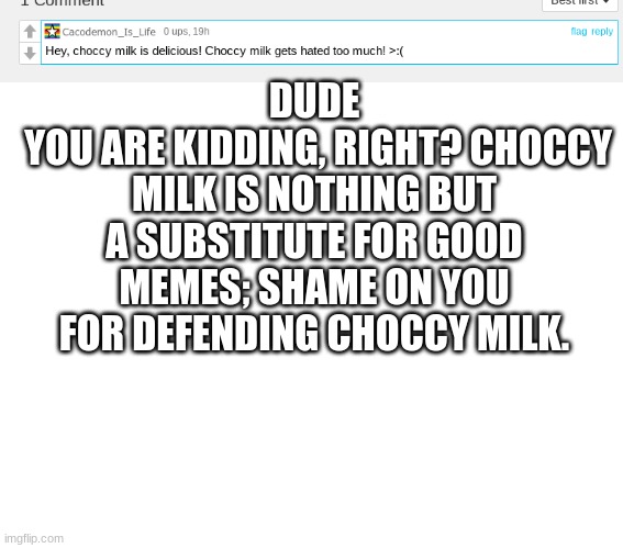 I am going to get so many angry comments about this | DUDE
 YOU ARE KIDDING, RIGHT? CHOCCY MILK IS NOTHING BUT A SUBSTITUTE FOR GOOD MEMES; SHAME ON YOU FOR DEFENDING CHOCCY MILK. | image tagged in blank white template | made w/ Imgflip meme maker