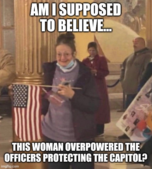 We need to see the 14,000 hours of footage. | AM I SUPPOSED TO BELIEVE... THIS WOMAN OVERPOWERED THE OFFICERS PROTECTING THE CAPITOL? | image tagged in memes | made w/ Imgflip meme maker