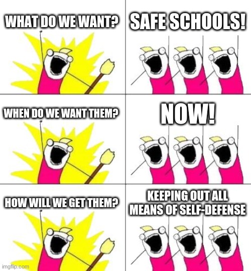 Let Students Carry Guns | WHAT DO WE WANT? SAFE SCHOOLS! WHEN DO WE WANT THEM? NOW! HOW WILL WE GET THEM? KEEPING OUT ALL MEANS OF SELF-DEFENSE | image tagged in memes,what do we want 3 | made w/ Imgflip meme maker