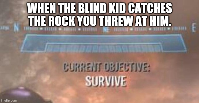 Current Objective: Survive | WHEN THE BLIND KID CATCHES THE ROCK YOU THREW AT HIM. | image tagged in current objective survive | made w/ Imgflip meme maker