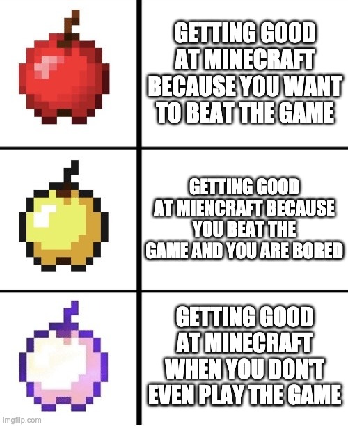 getting good at minecraft... | GETTING GOOD AT MINECRAFT BECAUSE YOU WANT TO BEAT THE GAME; GETTING GOOD AT MIENCRAFT BECAUSE YOU BEAT THE GAME AND YOU ARE BORED; GETTING GOOD AT MINECRAFT WHEN YOU DON'T EVEN PLAY THE GAME | image tagged in minecraft apple format | made w/ Imgflip meme maker