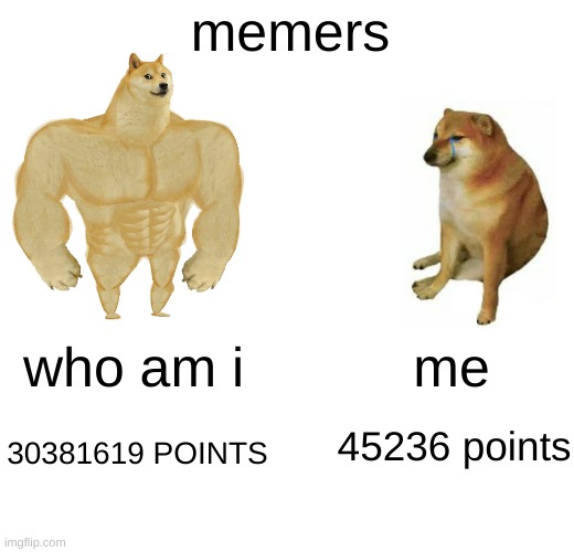 me | memers; who am i; me; 30381619 POINTS; 45236 points | image tagged in memes,buff doge vs cheems,who am i,meme | made w/ Imgflip meme maker