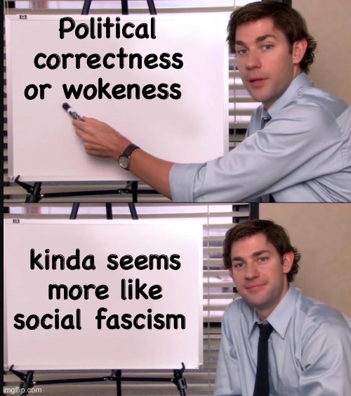 Is it? | Political correctness or wokeness; kinda seems more like social fascism | image tagged in smug jim explains,politics lol,memes | made w/ Imgflip meme maker