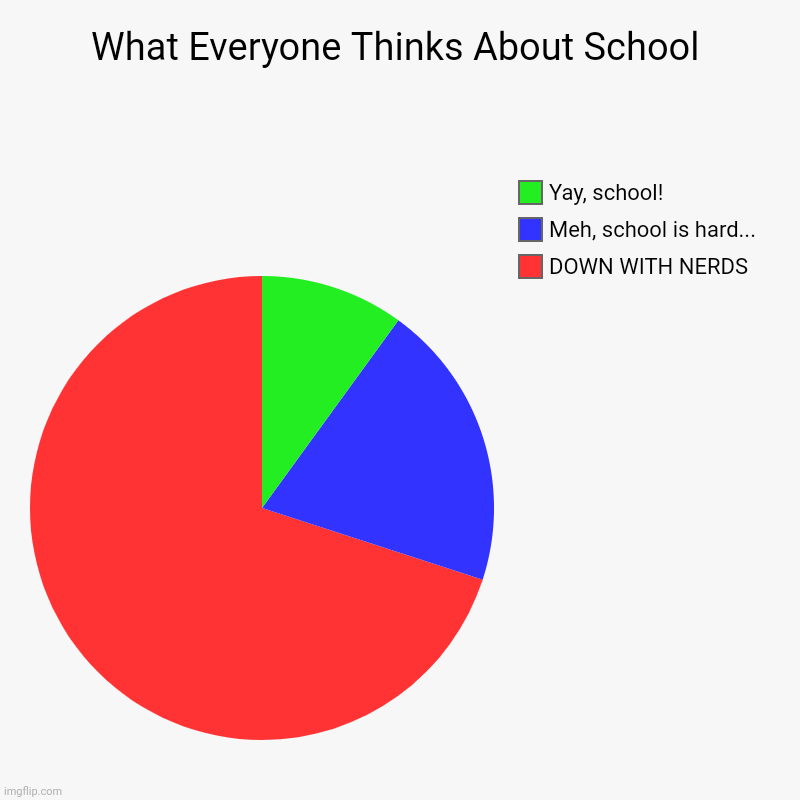 I'm in the green zone, BTW... | What Everyone Thinks About School | DOWN WITH NERDS, Meh, school is hard..., Yay, school! | image tagged in charts,pie charts | made w/ Imgflip chart maker