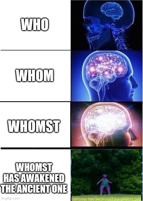 Whomst has awakened the ancient one | WHO; WHOM; WHOMST; WHOMST HAS AWAKENED THE ANCIENT ONE | image tagged in memes,expanding brain,whomst has awakened the ancient one | made w/ Imgflip meme maker