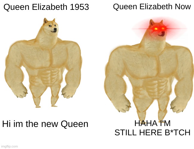 But it is true. Is it not? | Queen Elizabeth 1953; Queen Elizabeth Now; Hi im the new Queen; HAHA I'M STILL HERE B*TCH | image tagged in memes,buff doge vs cheems,great britain,funny | made w/ Imgflip meme maker