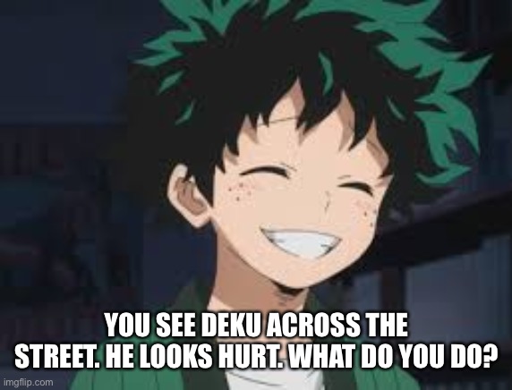 Whatayoudoo | YOU SEE DEKU ACROSS THE STREET. HE LOOKS HURT. WHAT DO YOU DO? | image tagged in deku smile,roleplaying,anime,memes | made w/ Imgflip meme maker