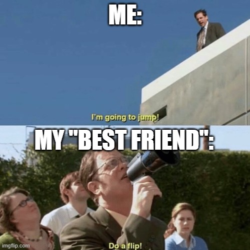 Oh. Okay. | ME:; MY "BEST FRIEND": | image tagged in im going to jump do a flip | made w/ Imgflip meme maker