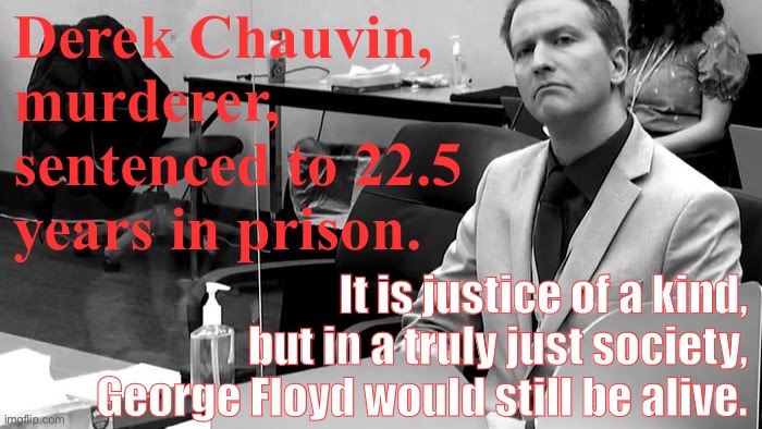 We don’t want white men to go to prison. We want black men to live. | Derek Chauvin, murderer, sentenced to 22.5 years in prison. It is justice of a kind, but in a truly just society, George Floyd would still be alive. | image tagged in derek chauvin trial,derek chauvin,black lives matter,blacklivesmatter,justice,murderer | made w/ Imgflip meme maker