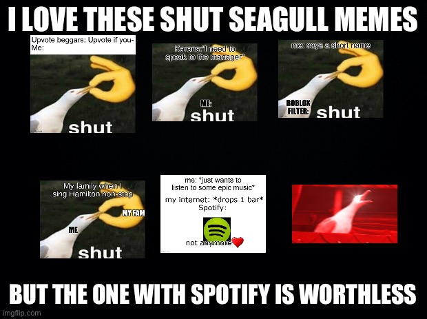 Black background | I LOVE THESE SHUT SEAGULL MEMES; BUT THE ONE WITH SPOTIFY IS WORTHLESS | image tagged in black background | made w/ Imgflip meme maker