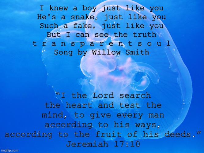 An Open Book | I knew a boy just like you
He's a snake, just like you
Such a fake, just like you
But I can see the truth
t r a n s p a r e n t s o u l
Song by Willow Smith; “I the Lord search the heart and test the mind, to give every man according to his ways, according to the fruit of his deeds.”
Jeremiah 17:10 | image tagged in omniscient | made w/ Imgflip meme maker