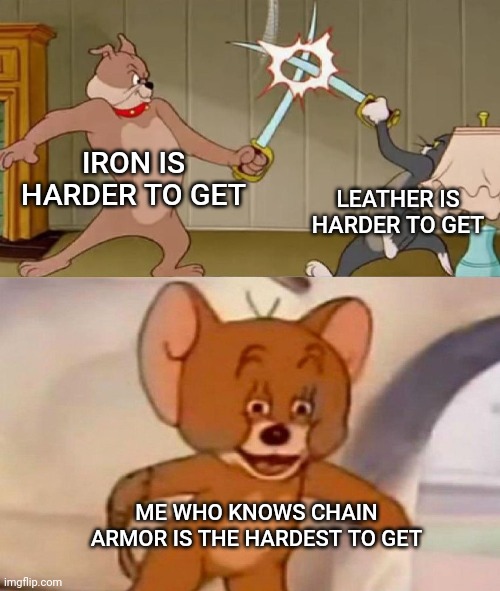 IRON IS HARDER TO GET LEATHER IS HARDER TO GET ME WHO KNOWS CHAIN ARMOR IS THE HARDEST TO GET | image tagged in tom and jerry swordfight | made w/ Imgflip meme maker