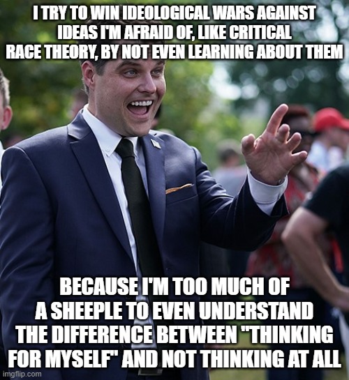 When You're Too Afraid Of Ideas To Even Think About Them For Yourself | I TRY TO WIN IDEOLOGICAL WARS AGAINST IDEAS I'M AFRAID OF, LIKE CRITICAL RACE THEORY, BY NOT EVEN LEARNING ABOUT THEM; BECAUSE I'M TOO MUCH OF A SHEEPLE TO EVEN UNDERSTAND THE DIFFERENCE BETWEEN "THINKING FOR MYSELF" AND NOT THINKING AT ALL | image tagged in matt gaetz,sonic the hedgehog,sheeple,conservative logic,fear,ignorant | made w/ Imgflip meme maker