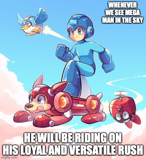 Mega Man in the Sky | WHENEVER WE SEE MEGA MAN IN THE SKY; HE WILL BE RIDING ON HIS LOYAL AND VERSATILE RUSH | image tagged in megaman,memes | made w/ Imgflip meme maker