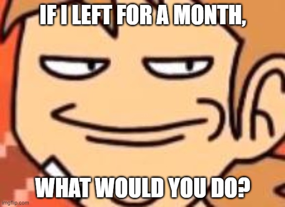 it's funny because nobody would even give a fuck if i left for a decade | IF I LEFT FOR A MONTH, WHAT WOULD YOU DO? | image tagged in smug tord | made w/ Imgflip meme maker