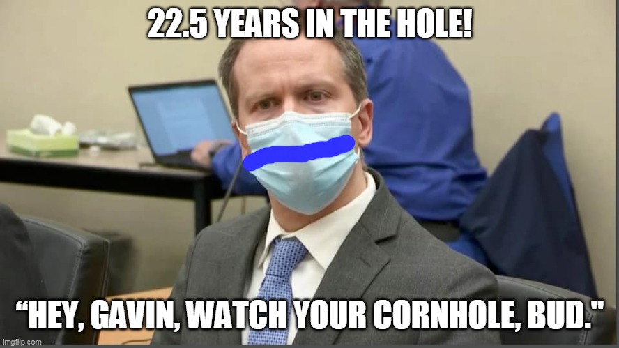 “Hey, Gavin, watch your cornhole, bud." | 22.5 YEARS IN THE HOLE! “HEY, GAVIN, WATCH YOUR CORNHOLE, BUD." | image tagged in chauvin | made w/ Imgflip meme maker