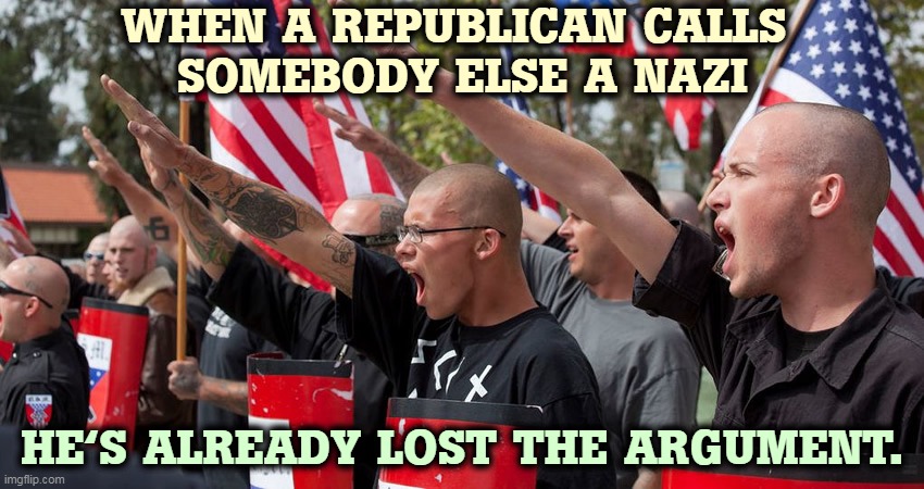 Game over. Republicans zero. We know how Nazis vote. | WHEN A REPUBLICAN CALLS 
SOMEBODY ELSE A NAZI; HE'S ALREADY LOST THE ARGUMENT. | image tagged in neo nazis,republicans,losers | made w/ Imgflip meme maker