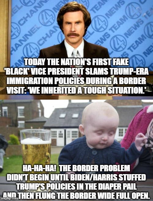 So simple that even a baby can figure it out. | TODAY THE NATION'S FIRST FAKE 'BLACK' VICE PRESIDENT SLAMS TRUMP-ERA IMMIGRATION POLICIES DURING A BORDER VISIT: 'WE INHERITED A TOUGH SITUATION.'; HA-HA-HA!  THE BORDER PROBLEM DIDN'T BEGIN UNTIL BIDEN/HARRIS STUFFED TRUMP'S POLICIES IN THE DIAPER PAIL AND THEN FLUNG THE BORDER WIDE FULL OPEN. | image tagged in kamala harris,fake,open southern border | made w/ Imgflip meme maker