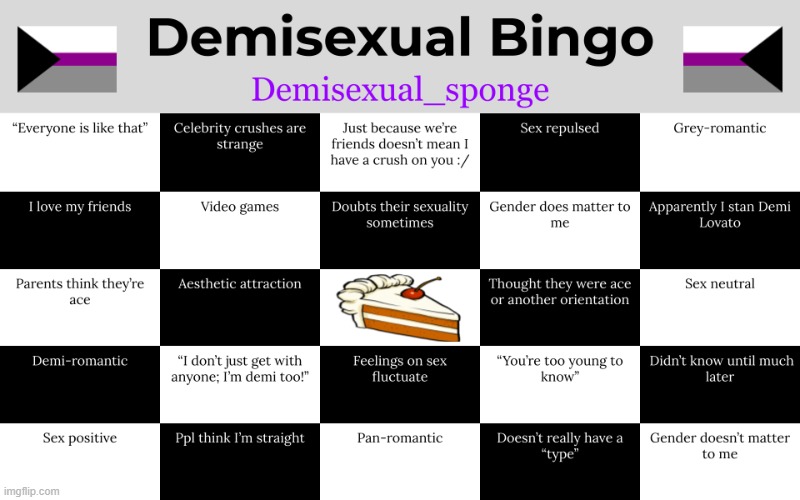 Gonna put this here now that there's a stream for it | image tagged in demisexual bingo,demisexual_sponge | made w/ Imgflip meme maker