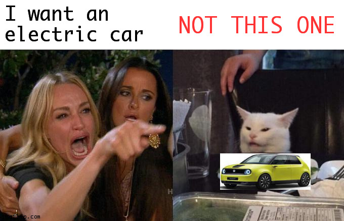 No Honda-E for USA |  I want an
electric car; NOT THIS ONE | image tagged in memes,woman yelling at cat,cars,fun,honda,tesla | made w/ Imgflip meme maker