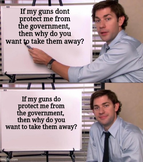 Politics and stuff | If my guns dont protect me from the government, 
then why do you want to take them away? If my guns do protect me from the government, 
then why do you want to take them away? | image tagged in jim halpert explains | made w/ Imgflip meme maker