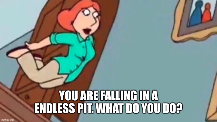 What will you do? | YOU ARE FALLING IN A ENDLESS PIT. WHAT DO YOU DO? | image tagged in lois falling down stairs,roleplaying,funny memes,bored | made w/ Imgflip meme maker