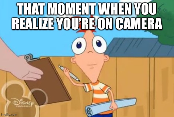 Phineas front face | THAT MOMENT WHEN YOU REALIZE YOU’RE ON CAMERA | image tagged in phineas front face | made w/ Imgflip meme maker