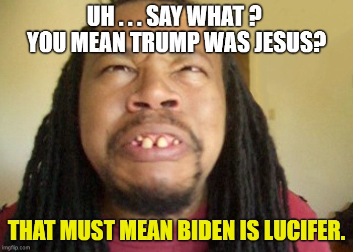 Ugly Confused Dude | UH . . . SAY WHAT ?  YOU MEAN TRUMP WAS JESUS? THAT MUST MEAN BIDEN IS LUCIFER. | image tagged in ugly confused dude | made w/ Imgflip meme maker