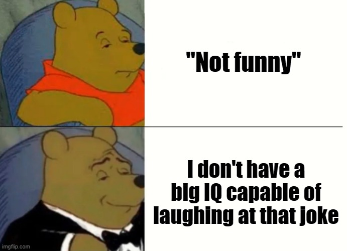 Not funny | "Not funny"; I don't have a big IQ capable of laughing at that joke | image tagged in fancy winnie the pooh meme,memes,funny memes,meme,winnie the pooh,tuxedo winnie the pooh | made w/ Imgflip meme maker