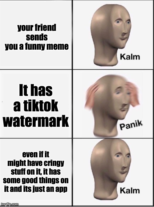 Its okay comment/upvote if your with me (kaby.lame is a really funny tiktok memer) follow him) | your friend sends you a funny meme; It has a tiktok watermark; even if it might have cringy stuff on it, it has some good things on it and its just an app | image tagged in reverse kalm panik,tiktok,good,deal with it,opinions,it's okay | made w/ Imgflip meme maker