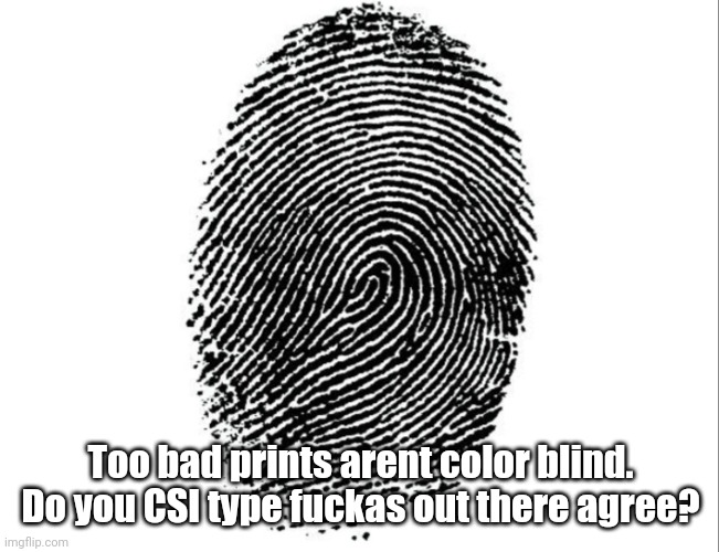 Finger Print | Too bad prints arent color blind.
Do you CSI type fuckas out there agree? | image tagged in finger print | made w/ Imgflip meme maker