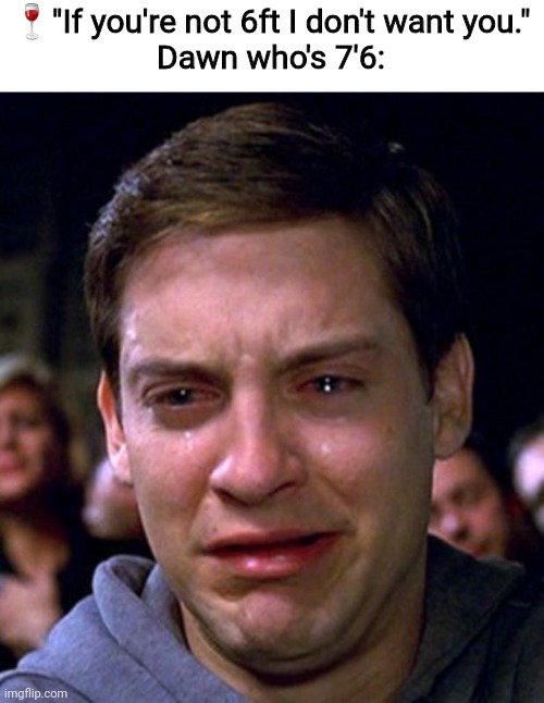 crying peter parker | 🍷"If you're not 6ft I don't want you."
Dawn who's 7'6: | image tagged in crying peter parker | made w/ Imgflip meme maker