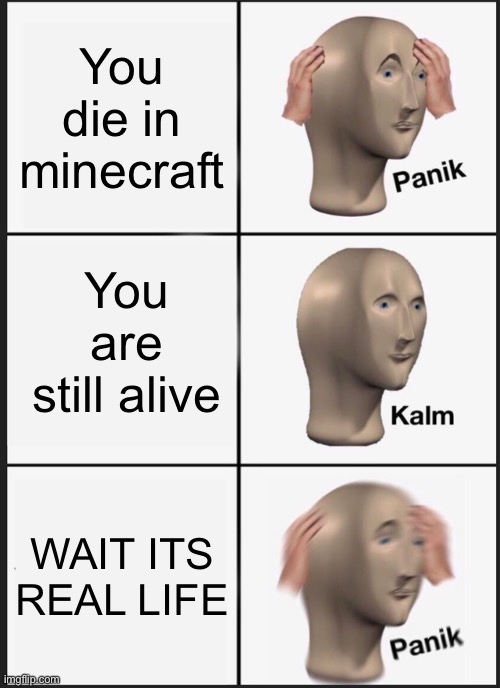 minecraft meme idk | You die in minecraft; You are still alive; WAIT ITS REAL LIFE | image tagged in memes,panik kalm panik,minecraft | made w/ Imgflip meme maker
