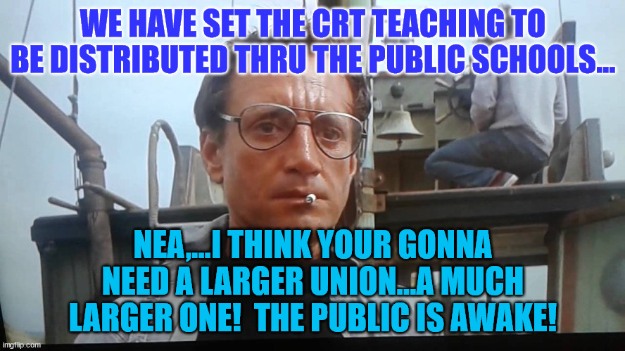 We're gonna need a bigger boat | WE HAVE SET THE CRT TEACHING TO BE DISTRIBUTED THRU THE PUBLIC SCHOOLS... NEA,...I THINK YOUR GONNA NEED A LARGER UNION...A MUCH LARGER ONE!  THE PUBLIC IS AWAKE! | image tagged in we're gonna need a bigger boat | made w/ Imgflip meme maker